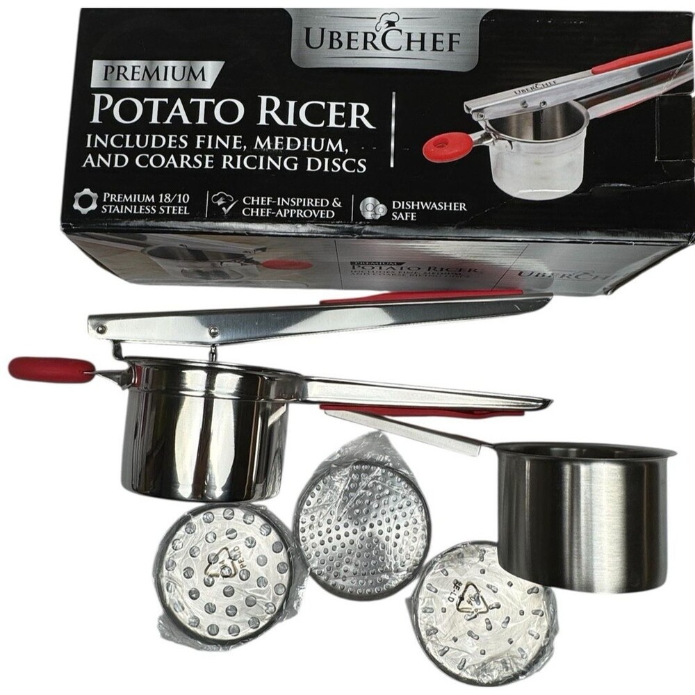 Uber Chef Stainless Steel Potato Ricer With Fine Medium Coarse Disks Dishwasher
